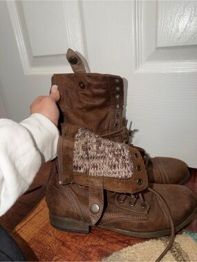 Brown Suede Fold-Over Combat Boots with Knit Accent